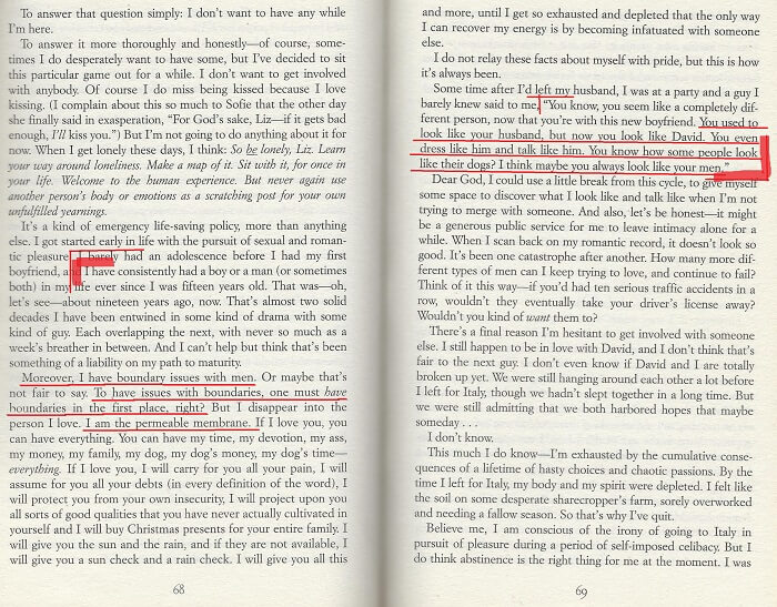 Excerpt from the book Eat Pray Love with underlined passages