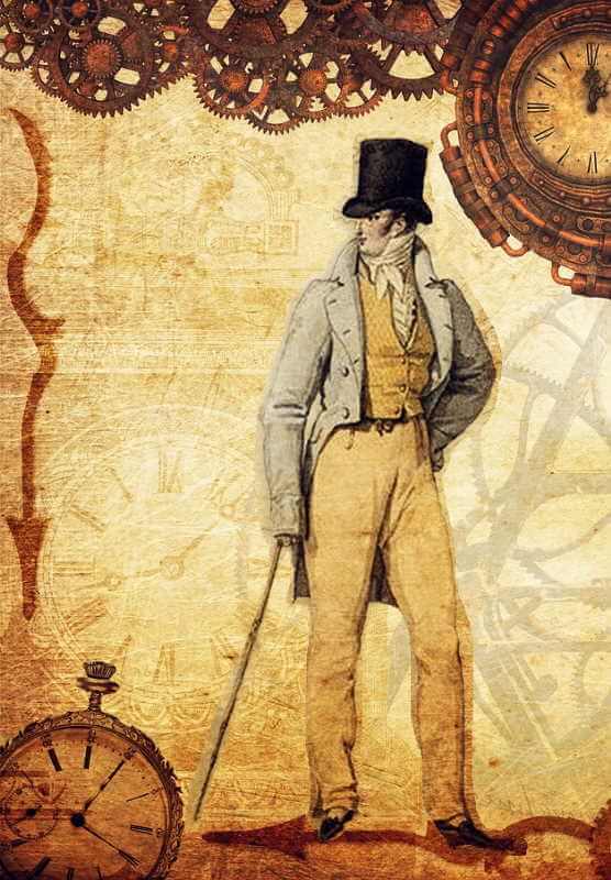 Vintage illustration of a gentleman in a top hat with a pocket watch