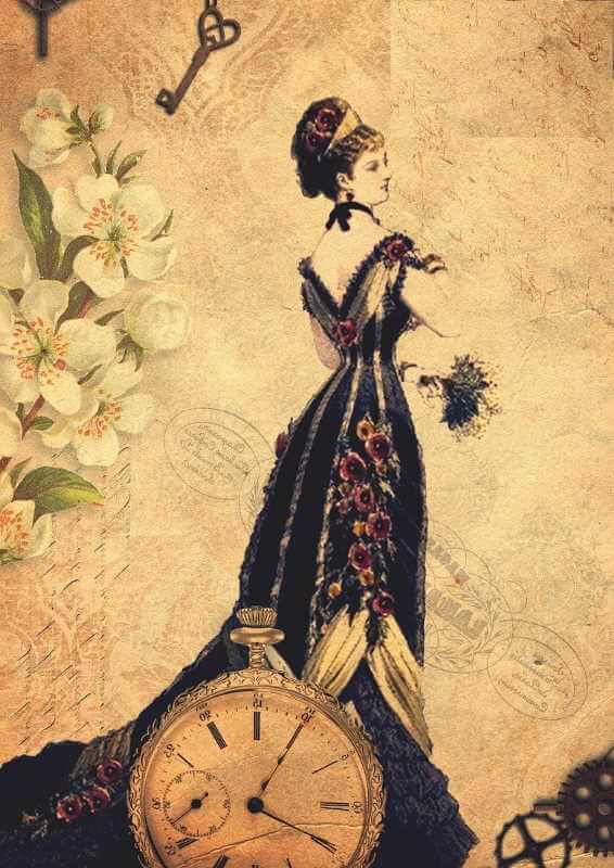Vintage illustration of a lady in a long dress with a pocket watch